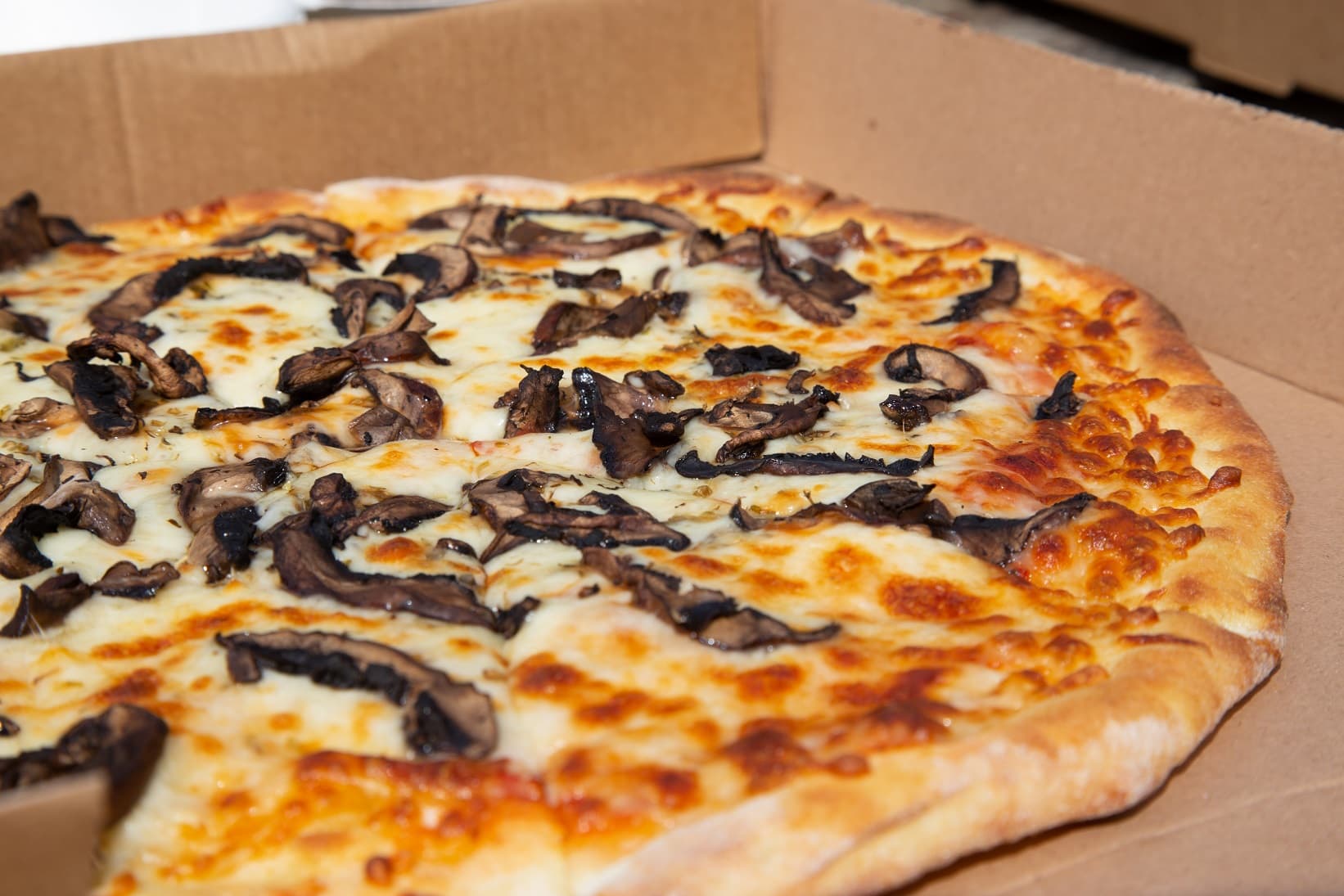 A mushroom pizza on a takeaway box