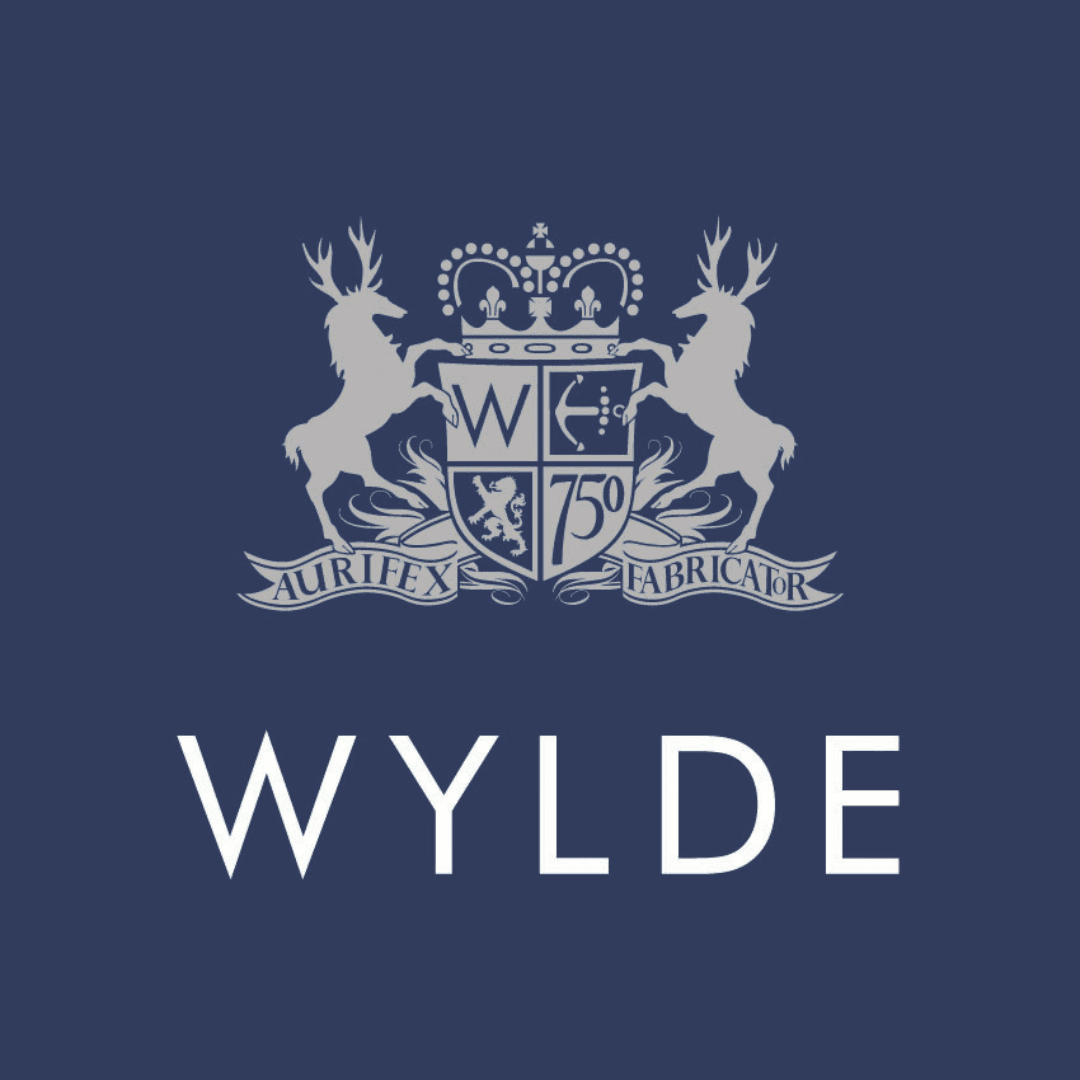 A logo for Wylde Jewellery, featuring a crest on a blue background